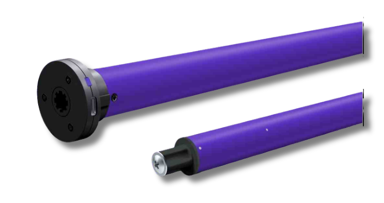 Novo K25 tubular motors for roller blinds - rechargeable design with USB-C port and LED indicator, shown in two tube sizes on a black background