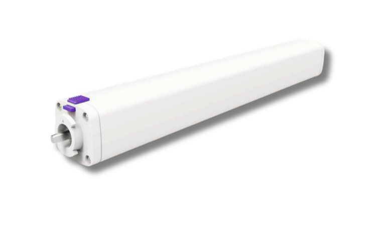 Novo N21 curtain motor - slim white body with drive end, purple control detail, on a black background