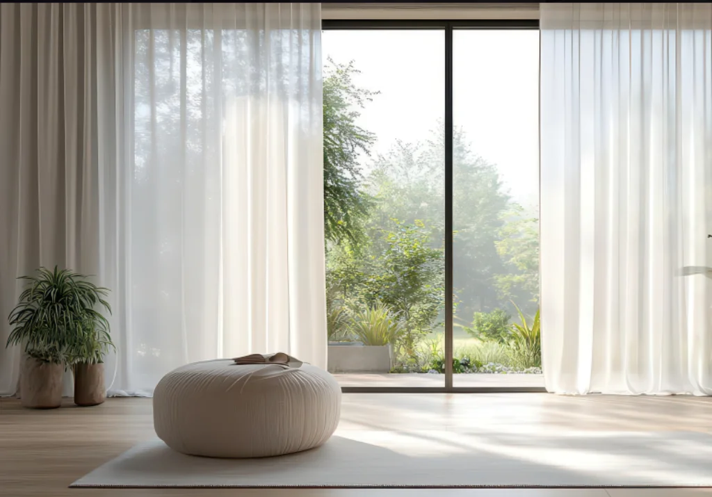 Floor-to-ceiling white sheer curtains in a bright modern living room overlooking a sunlit garden - Gold Coast